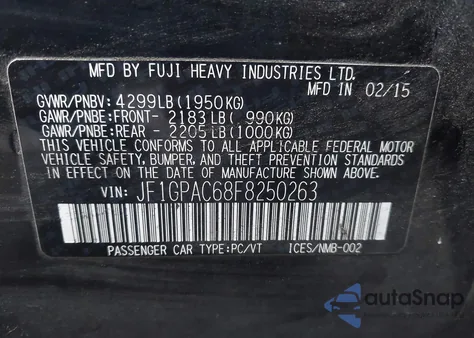2015 Subaru Impreza 2.0I Premium from USA, damaged, VIN JF1GPAC68F8250263